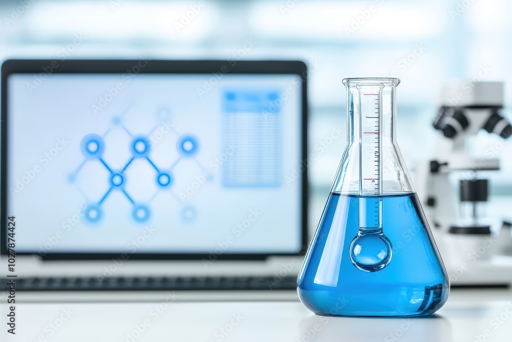 Aufkleber laboratory setup featuring a blue liquid in a flask with a laptop displaying molecular data in the b