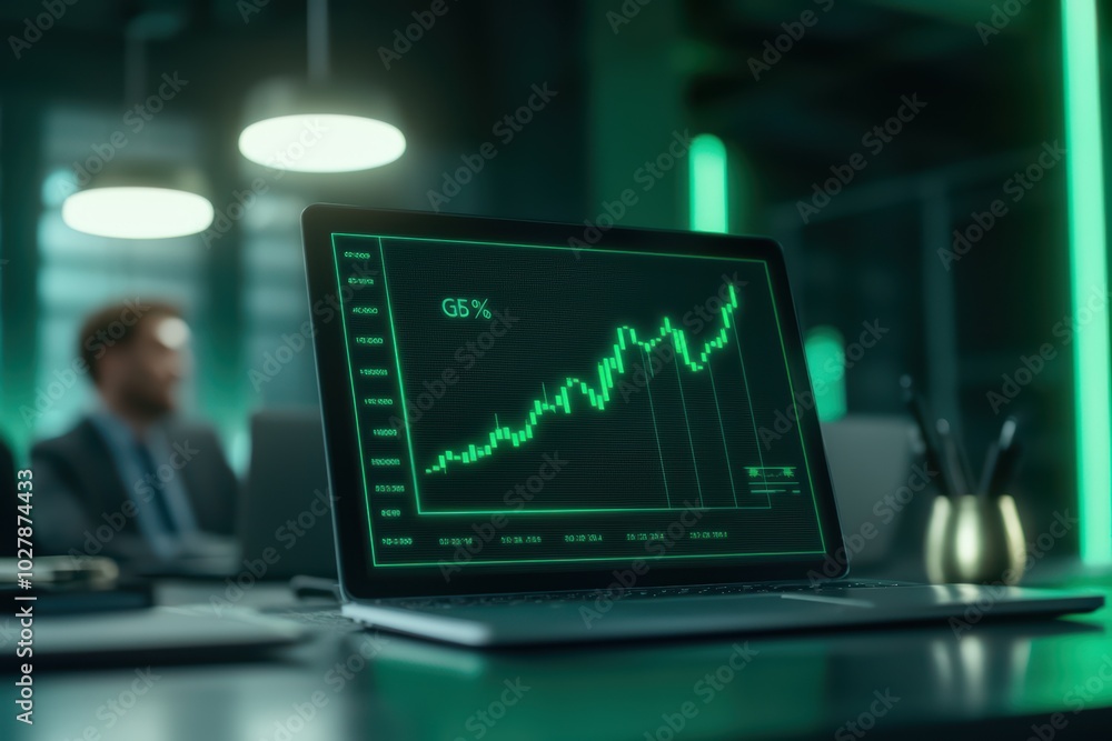 Poster laptop displaying a green financial graph in an office environment, showcasing data analysis and gro