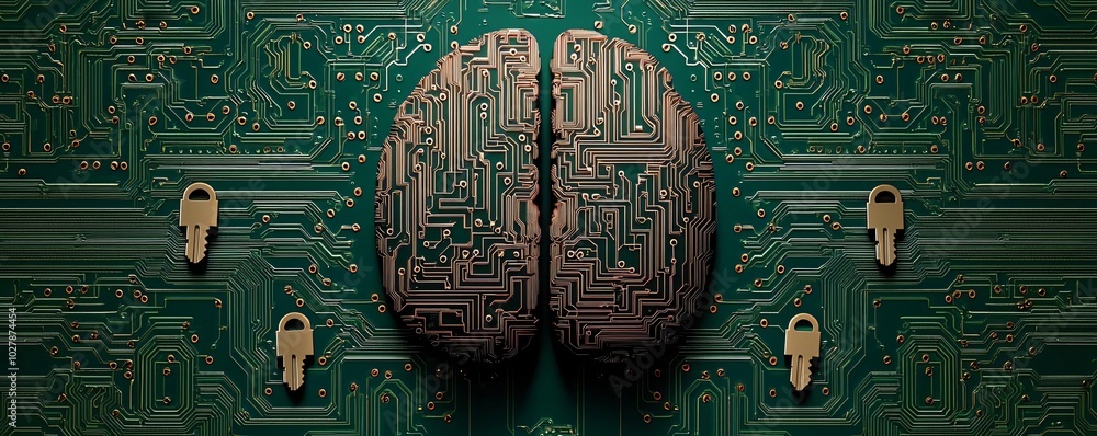 Poster a digital brain design showcasing circuits and locks, symbolizing cybersecurity and technological in