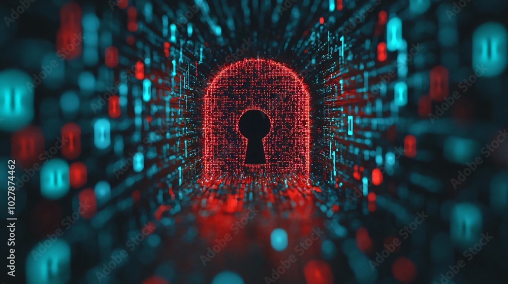 Poster a digital keyhole surrounded by glowing binary data, symbolizing cybersecurity and data protection i