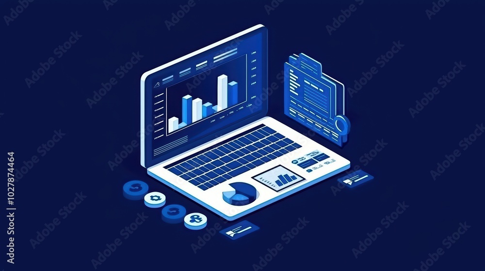 Poster laptop with data analysis graphics and charts, modern design, digital workspace concept.