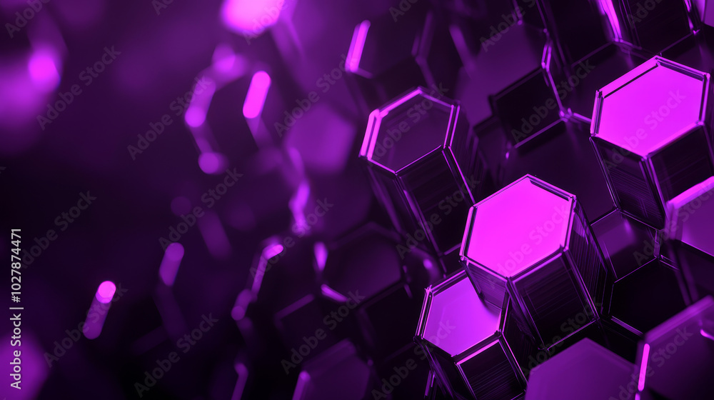 Poster a futuristic background with dark purple hexagonal shapes, like a honeycomb. it represents blockchai