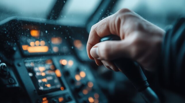 A close view of a hand firmly gripping the control lever in an airplane cockpit, captures the crucial interaction required between human and machine during a flight operation.