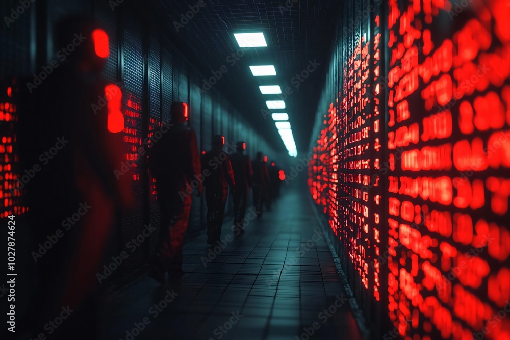 Poster a dimly lit corridor filled with red light, featuring shadowy figures against a backdrop of illumina