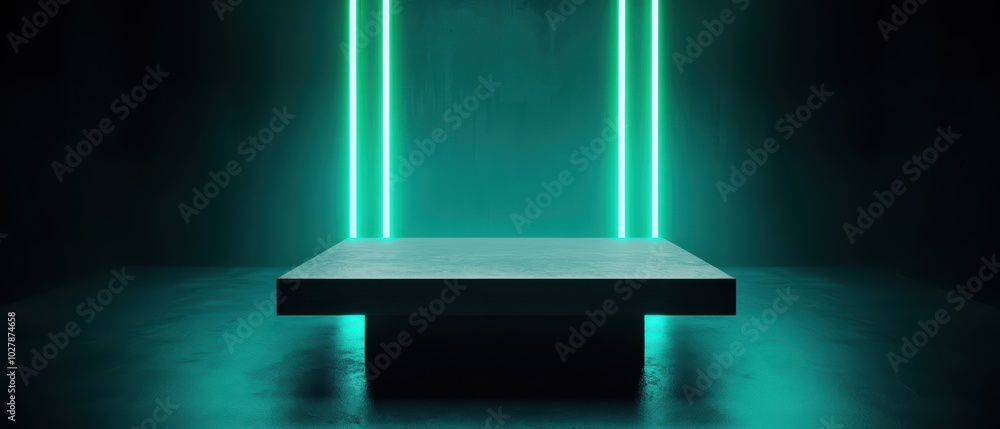 Poster minimalist scene featuring a platform illuminated by neon lights in a dark setting, perfect for prod