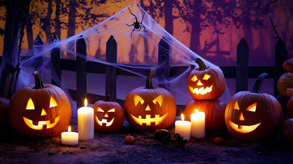 Spooky Halloween pumpkins with glowing faces and candles in a dark forest setting. 
