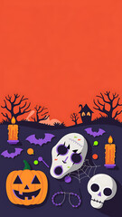 Halloween party decorations with orange pumpkin and white skull on a dark background. 
