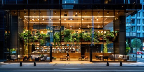 A beautifully designed contemporary cafe interior with abundant greenery and cozy seating areas viewed through large glass windows on an urban street
