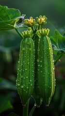 A close-up, detailed photograph captures two fresh green okra pods covered in dewdrops, hanging from a plant in a lush, vibrant garden setting