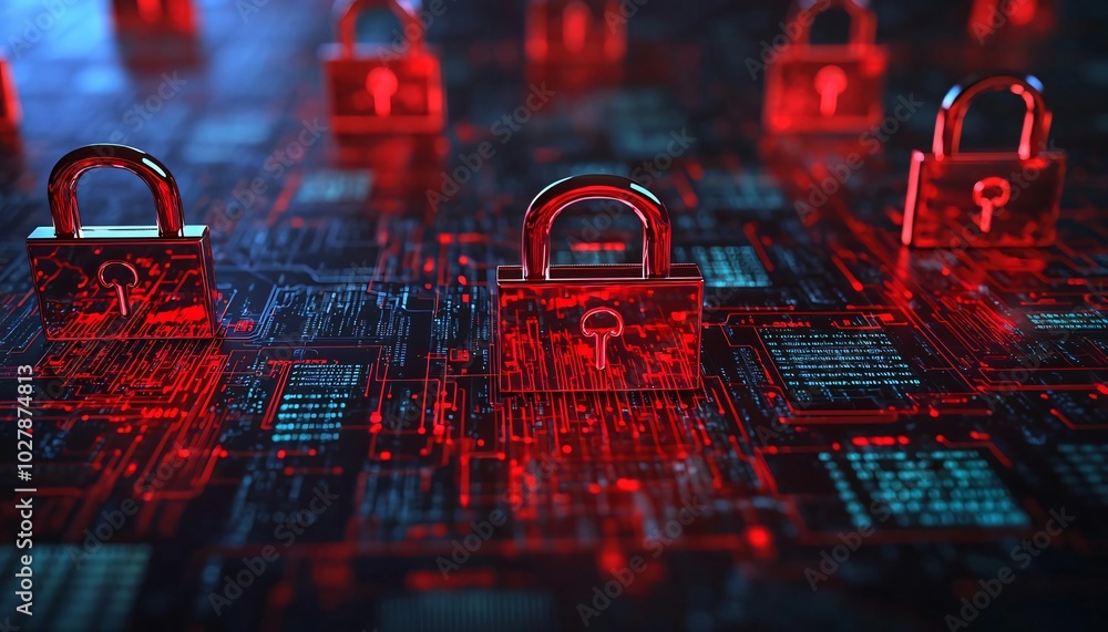 Aufkleber a futuristic digital landscape featuring red locks symbolizing cybersecurity and data protection in 