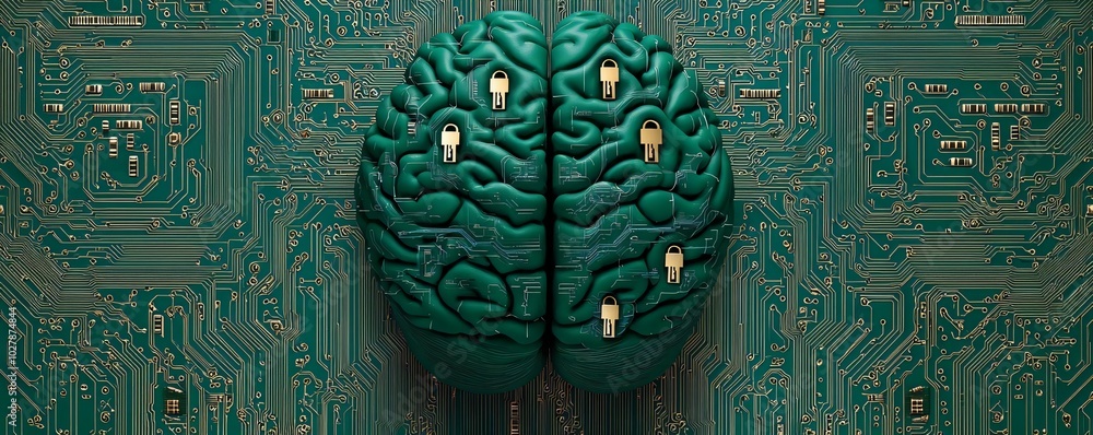 Poster a futuristic brain design, integrating technology and circuitry, symbolizing innovation and artifici
