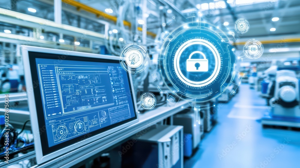 Aufkleber modern factory with advanced technology and security features on a digital screen.