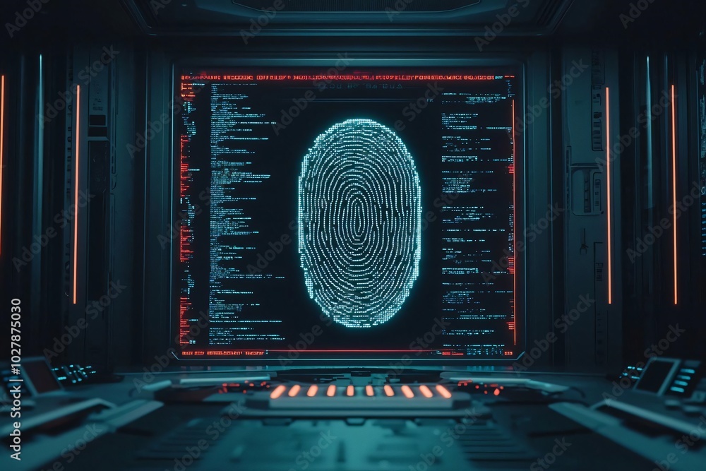 Poster a futuristic interface displaying a digital fingerprint with intricate patterns and glowing lines, s