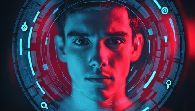 A futuristic portrait of a young man surrounded by vibrant neon lights and digital elements, evoking technology and innovation.