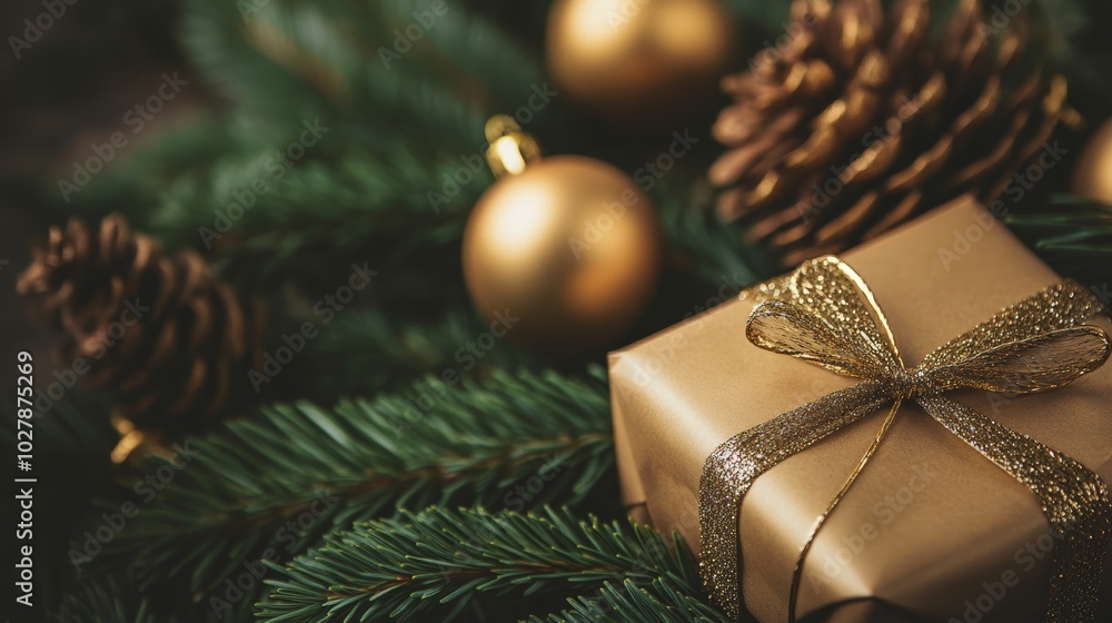Aufkleber gold christmas ornament hanging from a pine branch with soft glowing lights in the background.