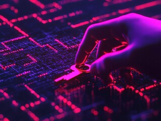 A hand holding a key over a digital circuit, symbolizing security and technology in a vibrant neon environment.
