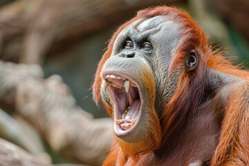 A close-up of a roaring orangutan, baring its teeth in a display of power and emotion, with detailed fur and facial features.