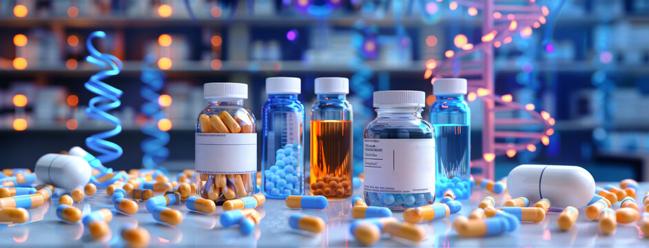 A collection of various pills and medicine bottles arranged on a table with a digital medical background featuring a double helix symbol