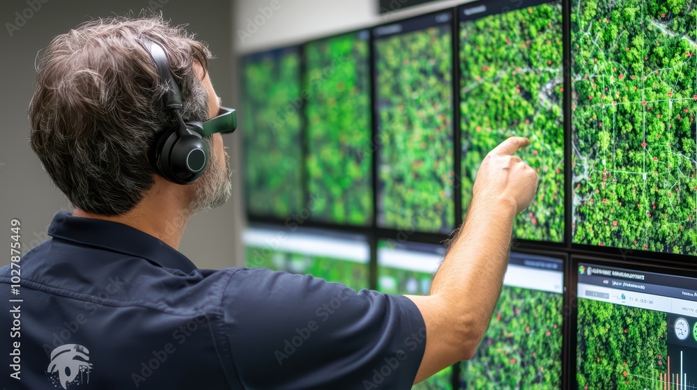 Poster professional analyzing environmental data on multiple screens in a modern workspace.