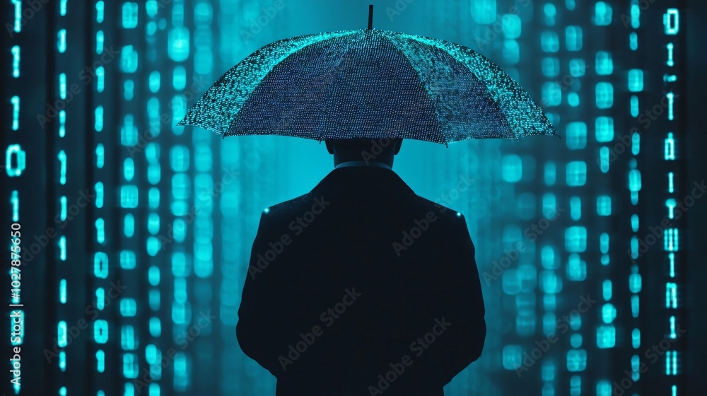 Poster a mysterious figure under an umbrella stands against a backdrop of glowing binary code, symbolizing 