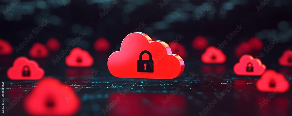 Poster a secure cloud concept depicted with red clouds and a lock symbol, representing data protection and 
