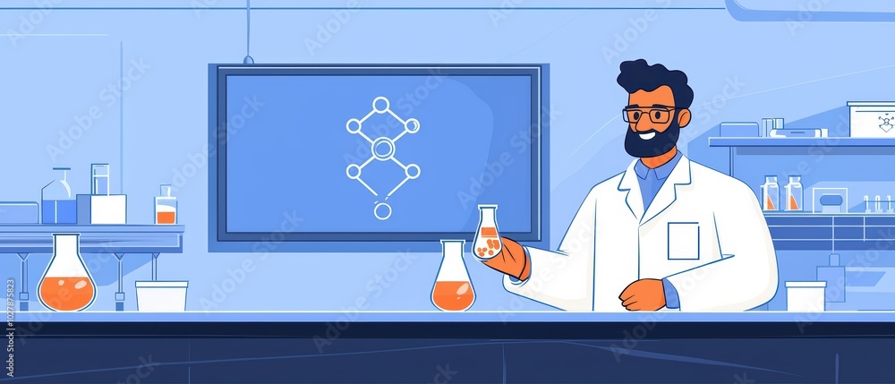 Poster scientist in lab coat holding flask, conducting experiments in a modern laboratory with equipment an