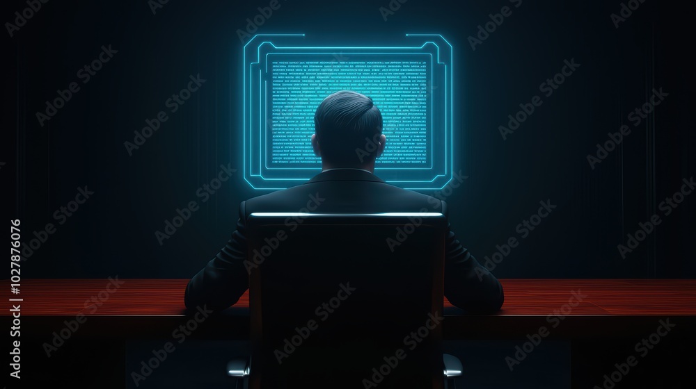 Poster silhouette of a man at a desk facing a futuristic computer screen displaying digital patterns.