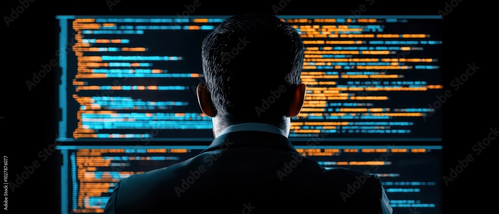 Poster silhouette of a man in a suit analyzing data on multiple screens with glowing code and information.