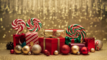 Red and green candy canes, gifts and baubles on a gold background, Christmas celebration. 
