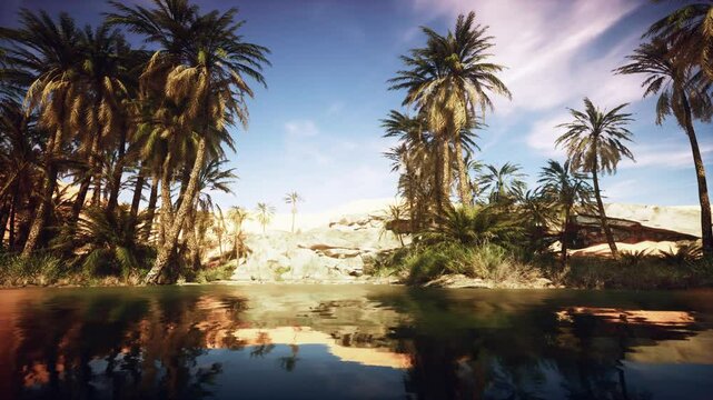 Date palm trees plantation at sunset
