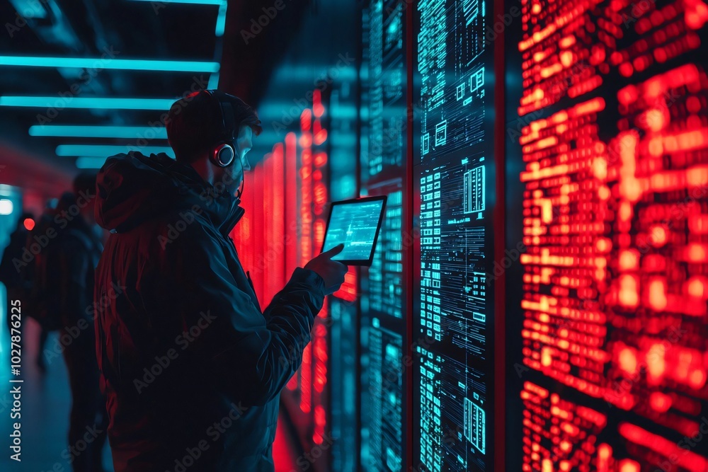 Poster a technician analyzes data on a tablet in a high-tech server room illuminated by red and blue lights