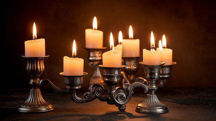 Silver Candelabra with Warm Glowing Candles, Romantic Ambiance, Cozy Evening. 
