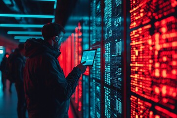 A technician analyzes data on a tablet in a high-tech server room illuminated by red and blue lights, showcasing modern technology.