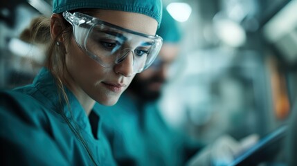 A female surgeon in full scrub gear, wearing protective goggles, exhibits concentration and precision in a sterile, modern operating room environment.