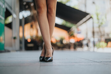 Naklejka premium Close-up of a businesswoman wearing high heels while walking on a city sidewalk during daytime.