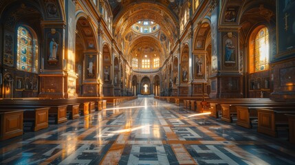Fototapeta premium This image captures the interior of a grand, intricately designed cathedral with sunlight streaming through the stained glass windows highlighting the ornate architecture