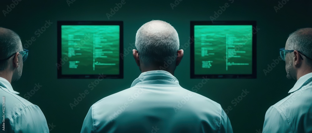 Poster three scientists analyze data displayed on screens, showcasing modern research and technology in a l