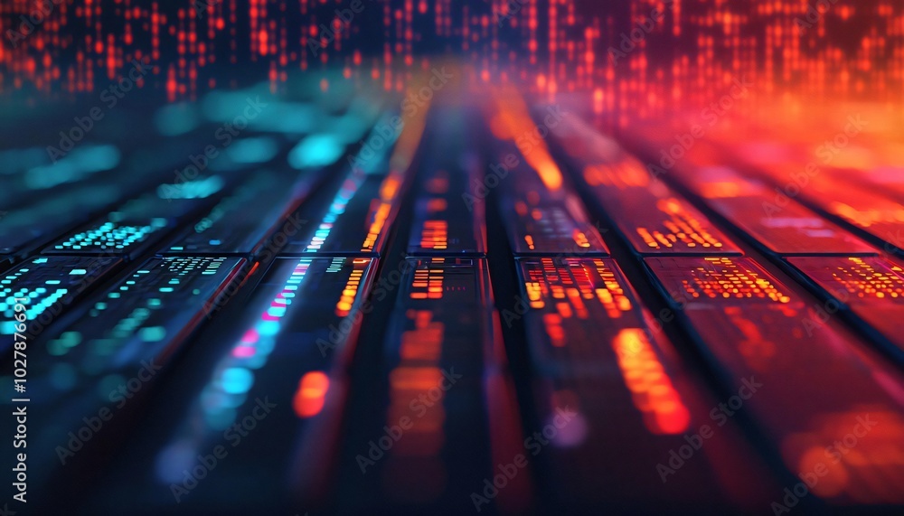 Poster abstract digital background featuring colorful vibrant lines and data patterns, perfect for tech and
