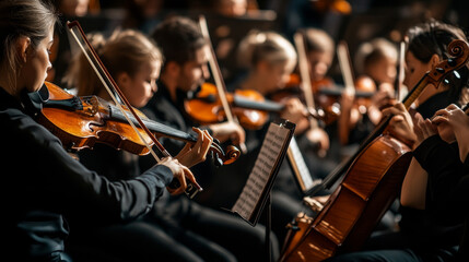 A grand orchestra performs on a classic stage. The conductor leads the musicians, who play violins, cellos, and trumpets during a beautiful concert.