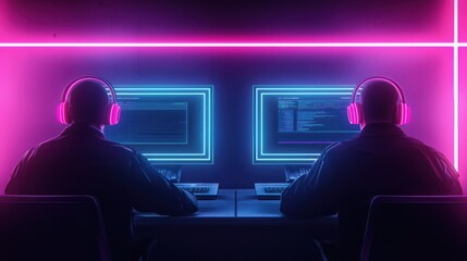 Two individuals coding and working in a modern, neon-lit environment.