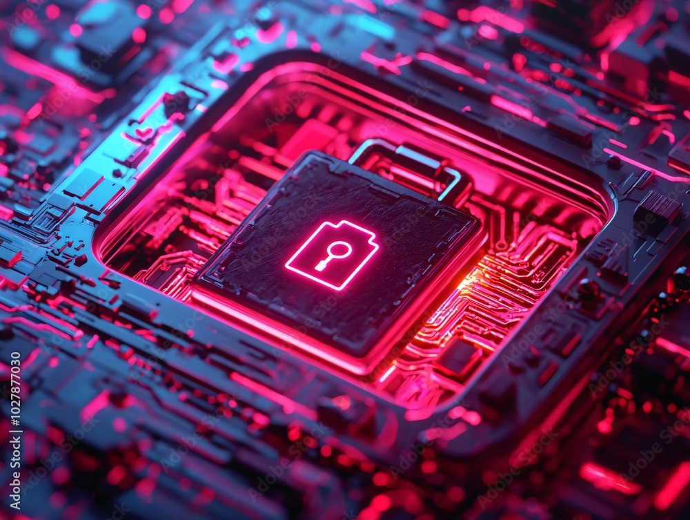 Poster close-up of a digital lock symbol on a circuit board, representing cybersecurity and data protection