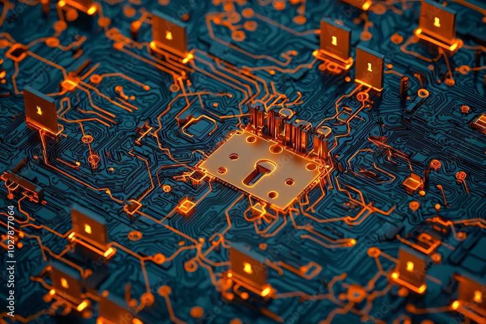 Poster close-up of a futuristic circuit board showcasing intricate patterns and glowing components, represe