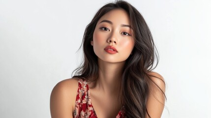 A young woman with long black hair and smooth skin, looking directly into the camera with a neutral expression. The background is plain white.
