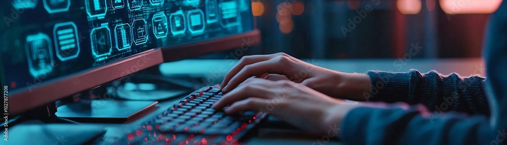 Poster close-up of hands typing on a keyboard in a dark environment with colorful screens, showcasing techn