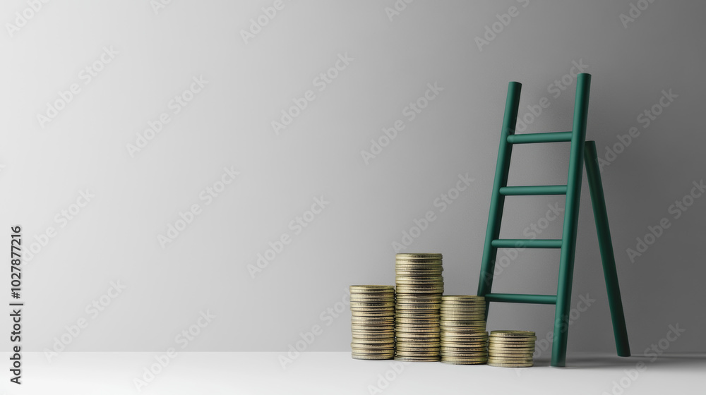 Poster a green arrow points down towards a stack of coins next to a ladder, all against a gray background. 