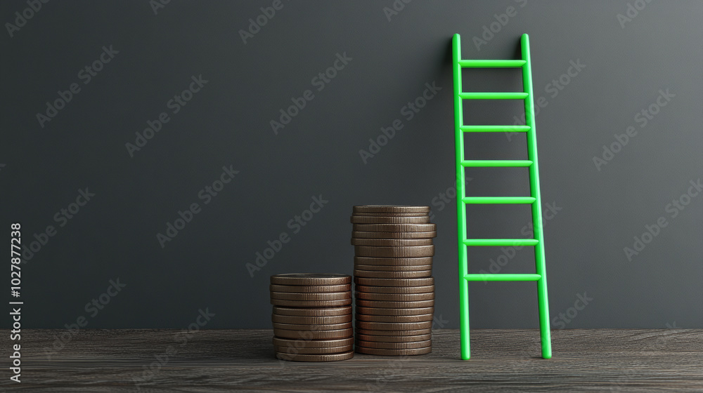 Poster a green arrow points down towards a stack of coins next to a ladder, all against a gray background. 