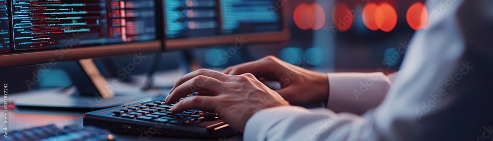 Poster close-up of a person's hands typing on a keyboard, surrounded by glowing computer screens displaying
