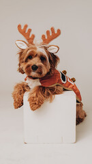 Adorable brown dog wearing reindeer antlers and a red and white costume, perfect for Christmas holiday cards and social media. 
