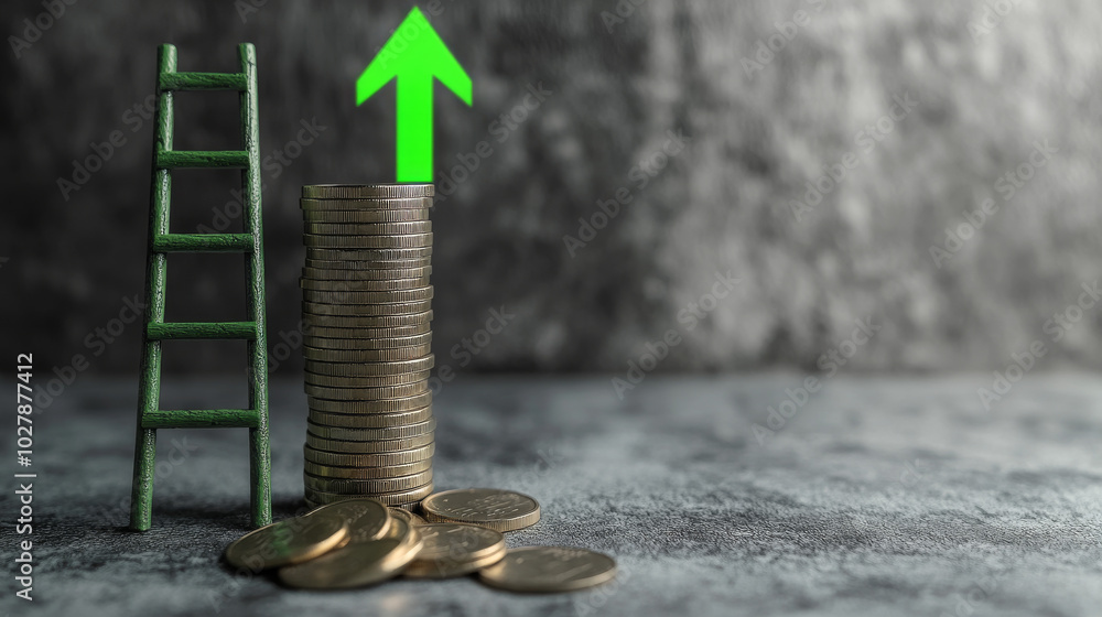 Poster a green arrow points down towards a stack of coins next to a ladder, all against a gray background. 