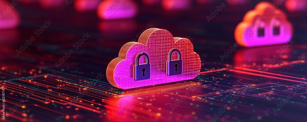 Poster colorful cloud icons with locks signify secure data storage in a digital landscape, representing mod